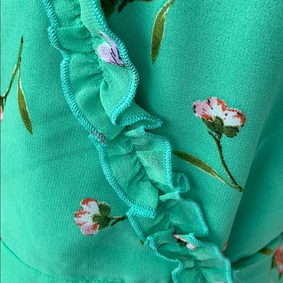 Green Floral Lined Ruffle Trim Wrap Dress - Picture 6 of 11